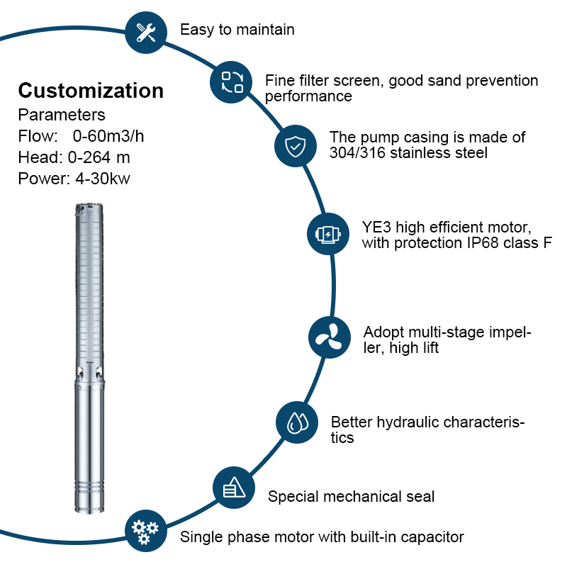 Bomba sumergible de agua de pozo profundo de acero inoxidable serie SP con gran flujo