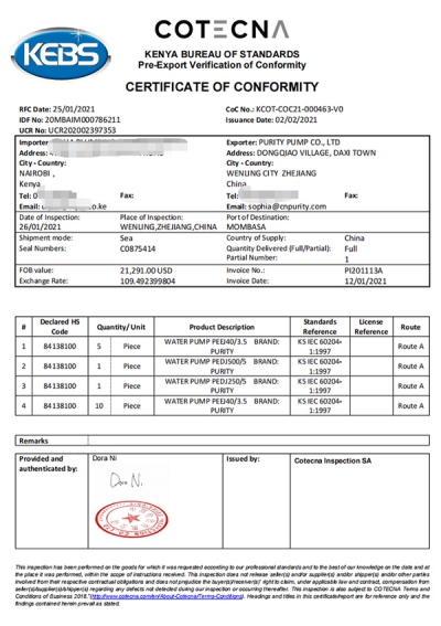 Exportación de certificados PVOC a países africanos (Kenia)